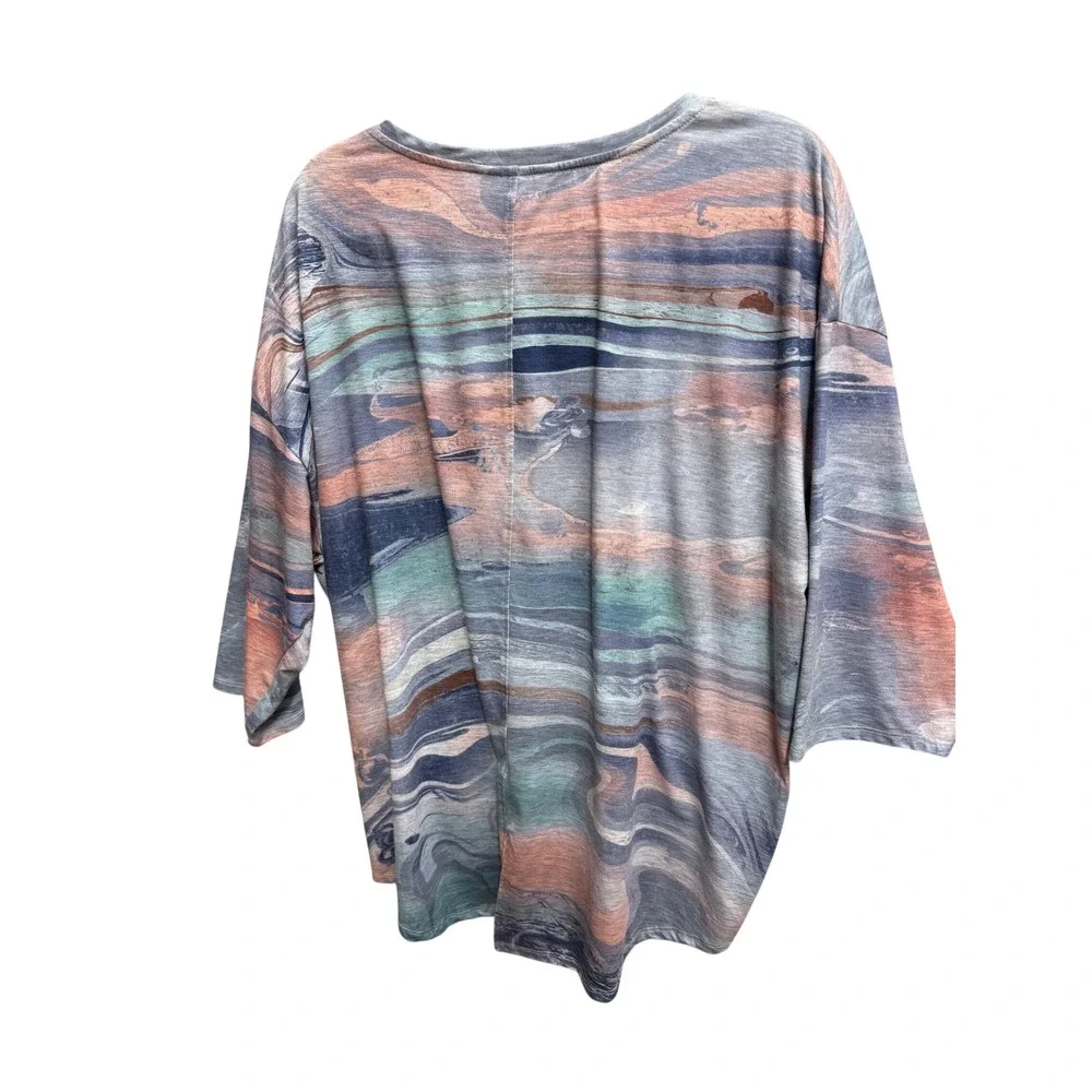 CJ Banks Abstract Marble Top Women 3X Blue Multi Excellent 3/4 Sleeve Knit